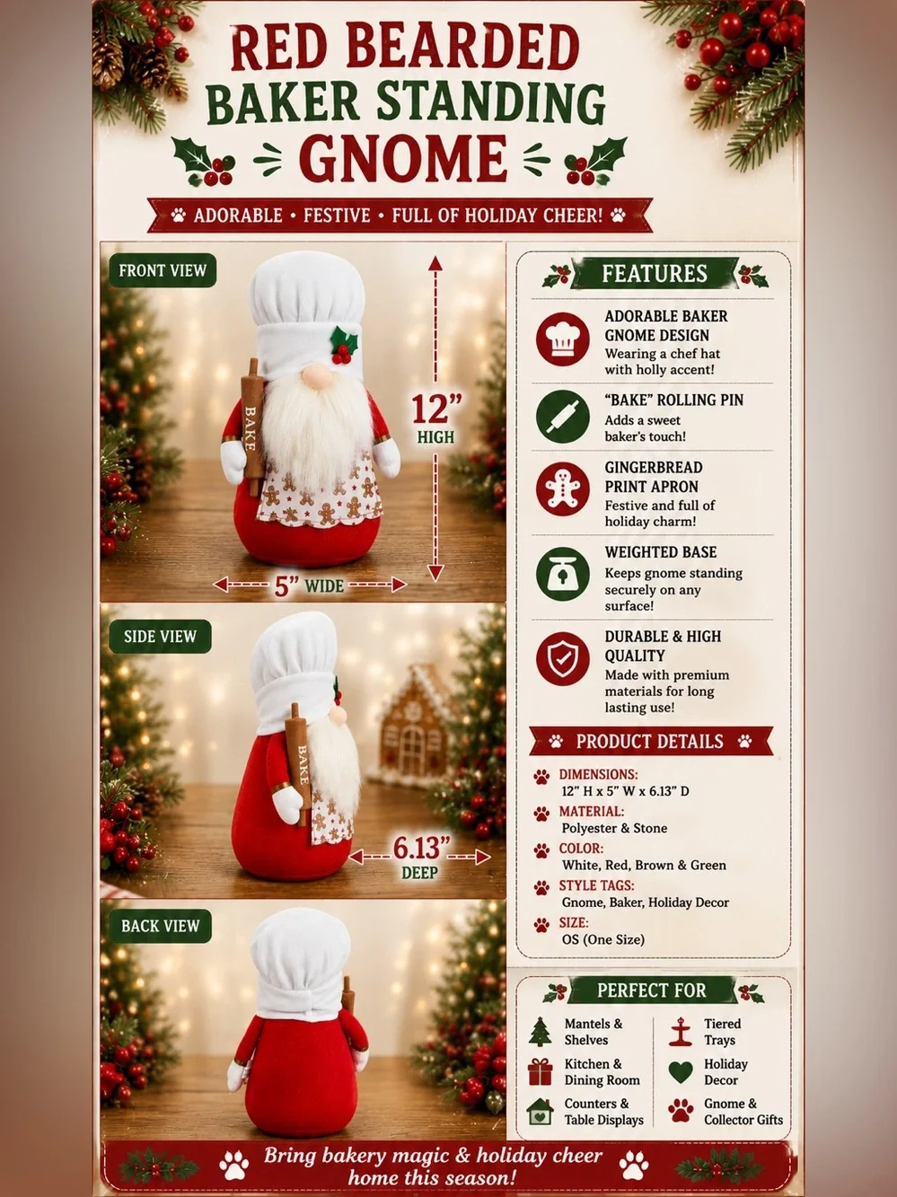 Red Bearded Baker Standing Gnome